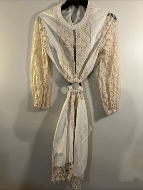 Cream Lace-Panel Long Sleeve Dress with Tied Waist